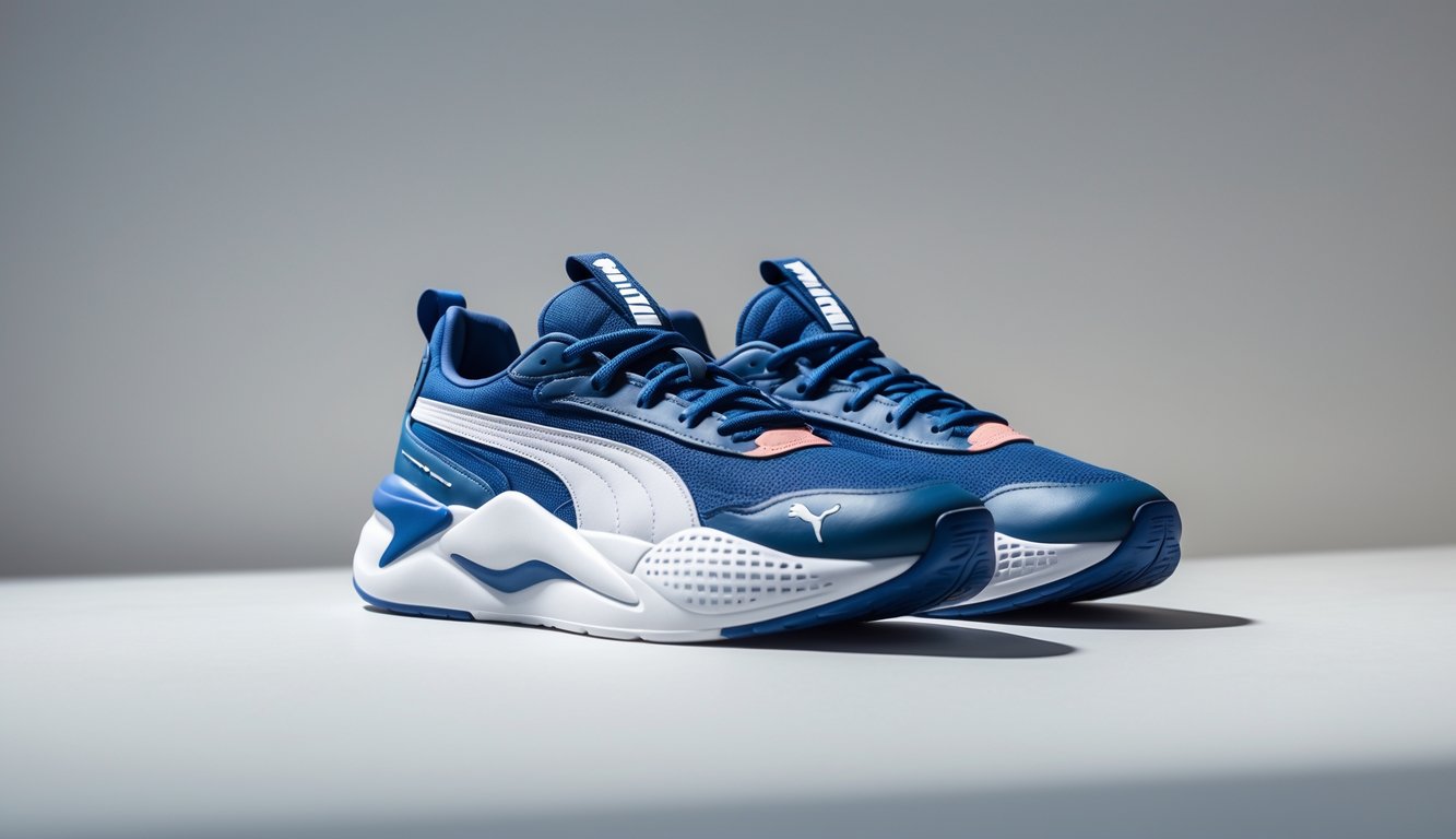 Sepasang sepatu olahraga Puma diletakkan di atas latar belakang netral.