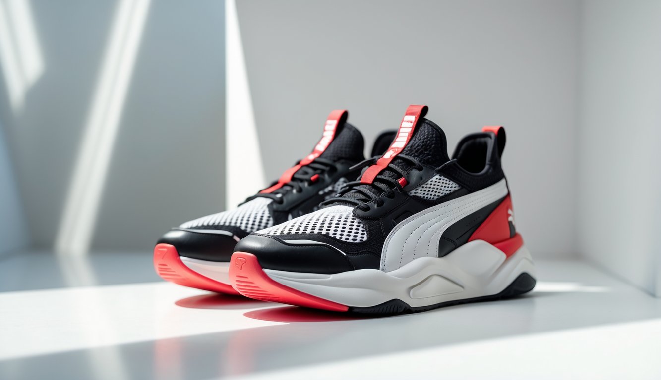 Sepasang sepatu Puma diletakkan di atas permukaan putih dengan latar belakang buram.