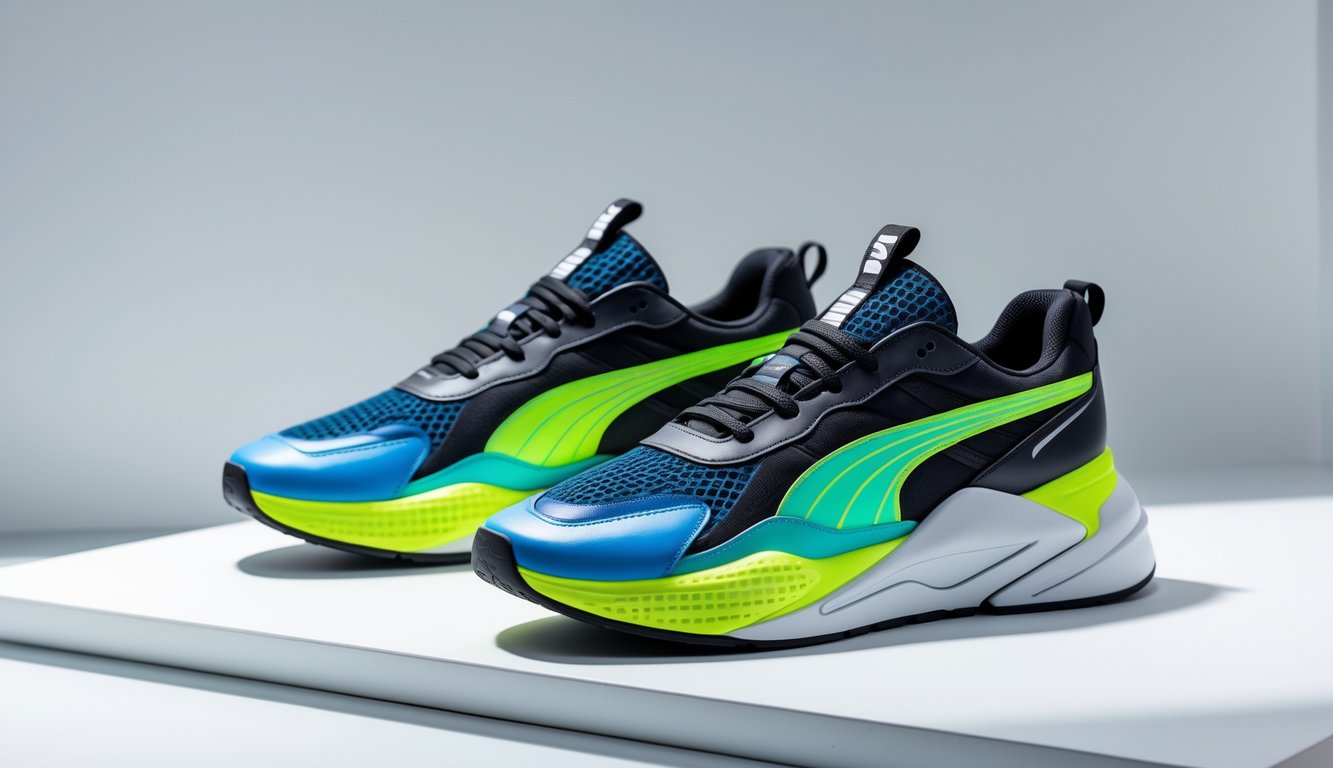 Sepasang sepatu Puma terbaru tahun 2025 dengan desain modern dan warna cerah, diletakkan di latar belakang putih bersih.