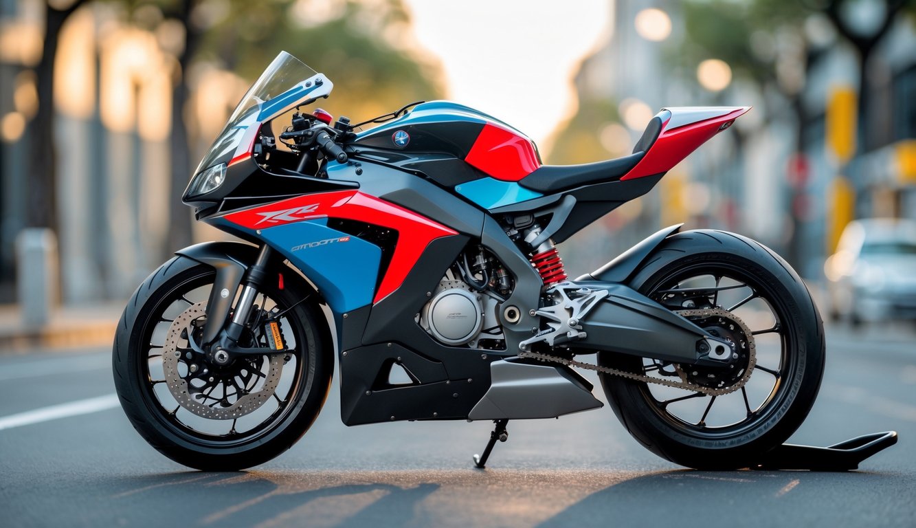 Sepeda motor balap modern diparkir di jalan kota yang bersih pada siang hari.