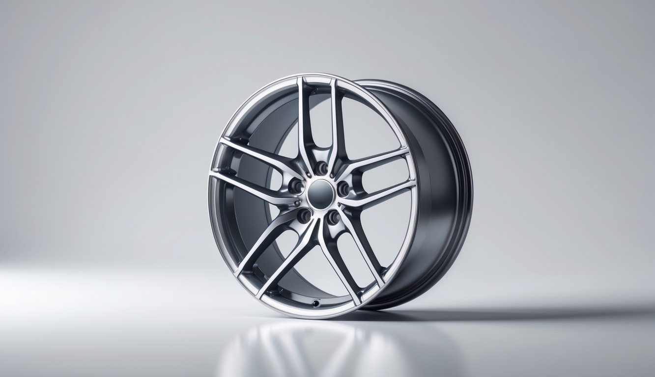 Sebuah velg mobil modern dengan desain kekinian ditampilkan dengan latar belakang polos.