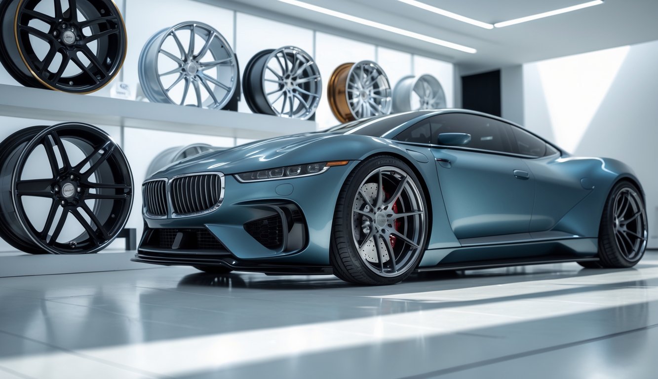 Mobil modern dengan roda alloy yang berbeda dipajang di ruang pamer mobil.