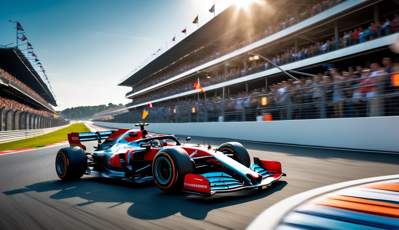 Sebuah mobil Formula 1 melaju cepat di lintasan balap dengan penonton di tribun di latar belakang.