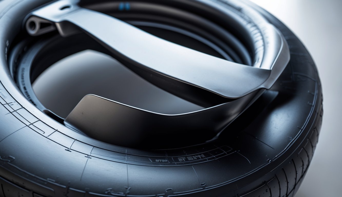 Gambar close-up komponen ban Formula 1 tanpa alur dengan latar belakang netral.