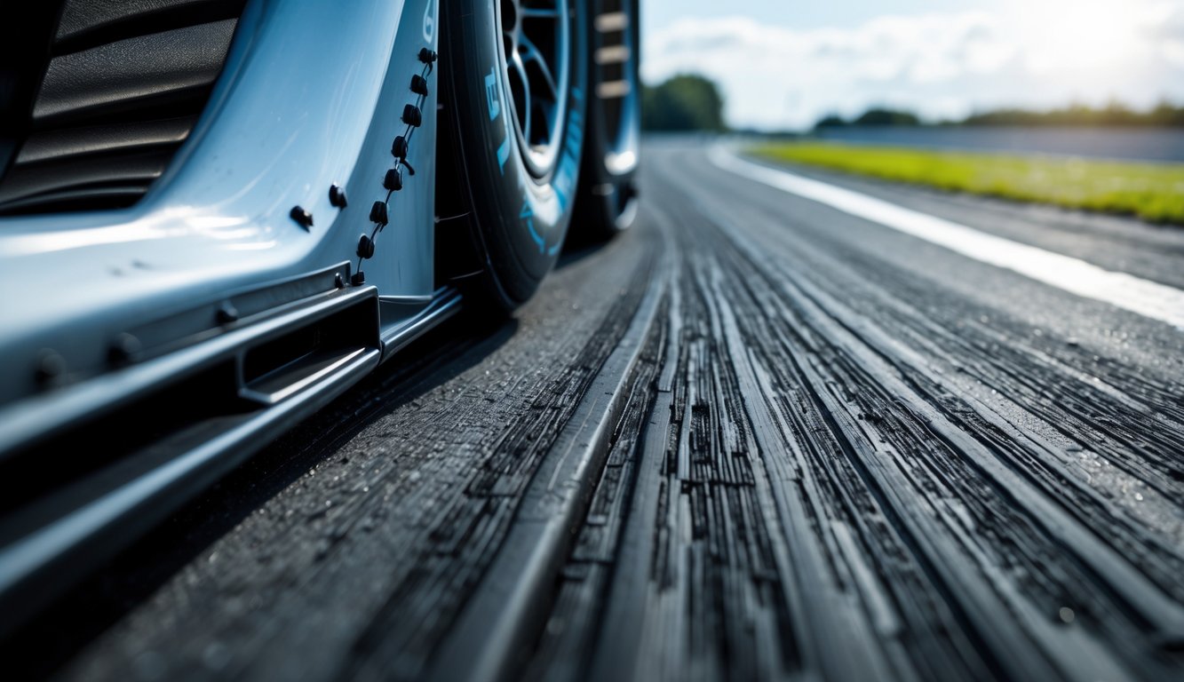 Foto close-up ban slick yang sedang mencengkeram permukaan lintasan aspal dengan maksimal.
