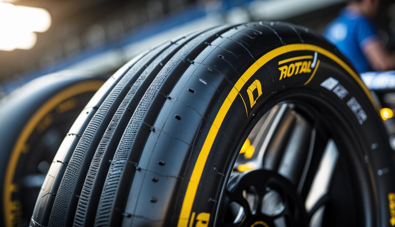 Tampilan dekat ban Formula 1 dengan kompon lunak di lintasan balap.