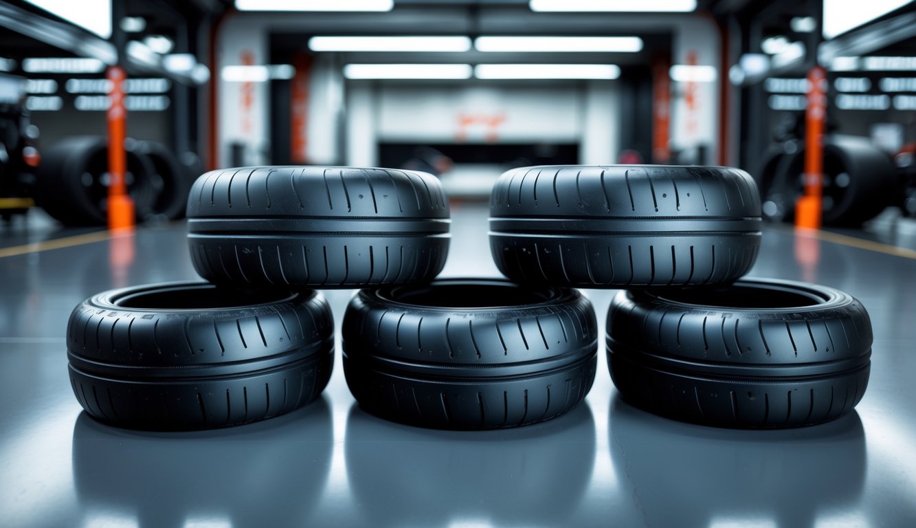 Ban balap F1 untuk kondisi kering tersusun rapi di dalam garasi balap.