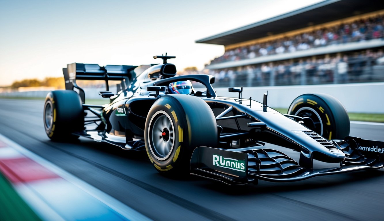 Mobil balap Formula 1 dengan ban slick sedang melaju di lintasan balap dengan latar belakang tribun penonton.