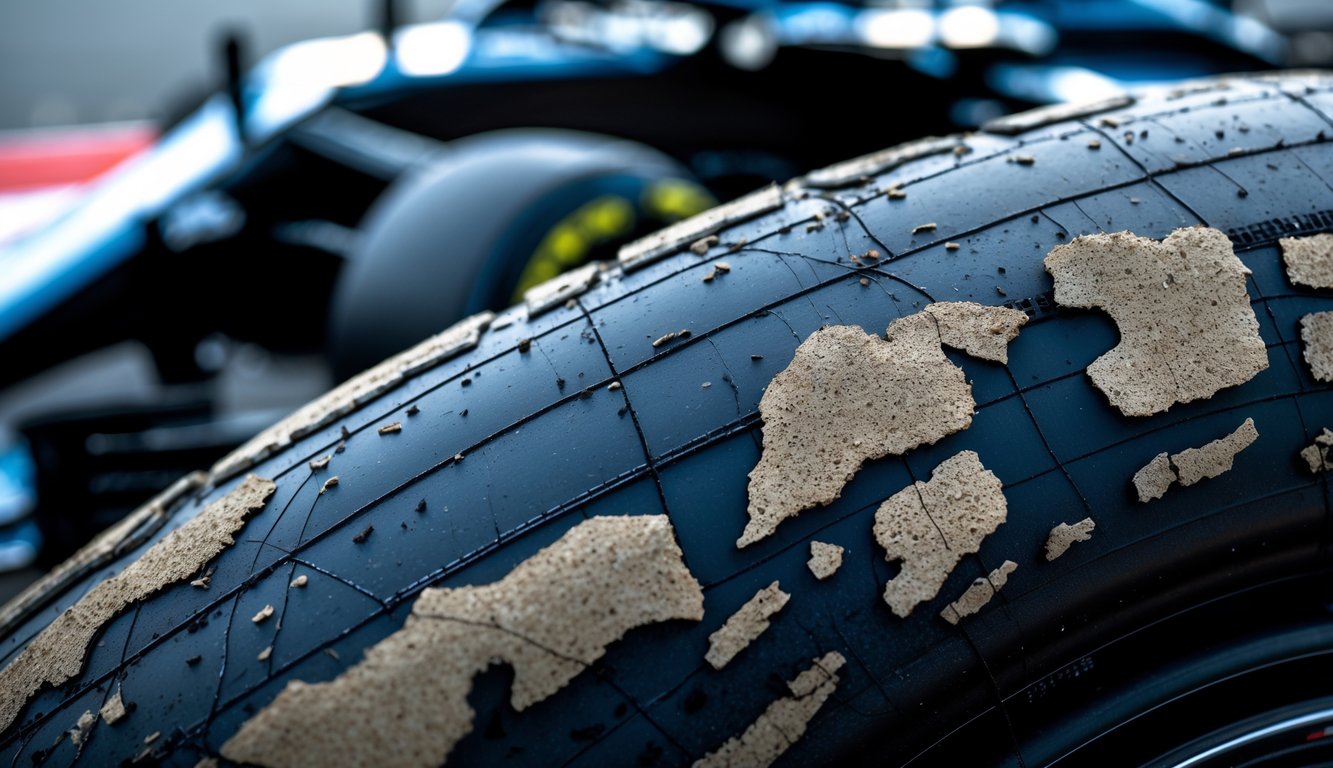 Close-up ban slick Formula 1 yang menunjukkan tanda-tanda keausan dan kerusakan pada permukaannya.