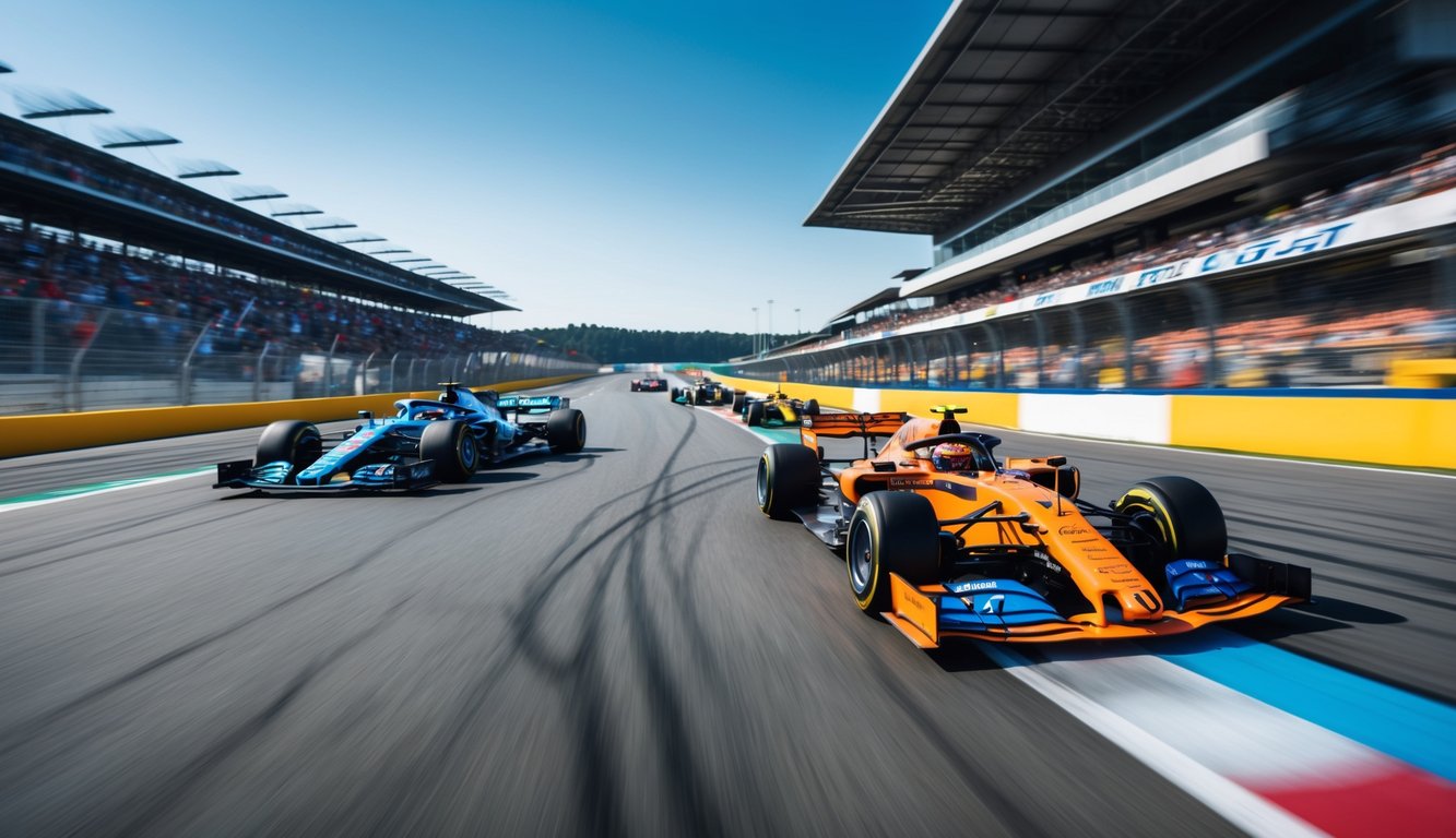 Mobil Formula 1 melaju cepat di lintasan balap dengan penonton di tribun dan langit cerah.