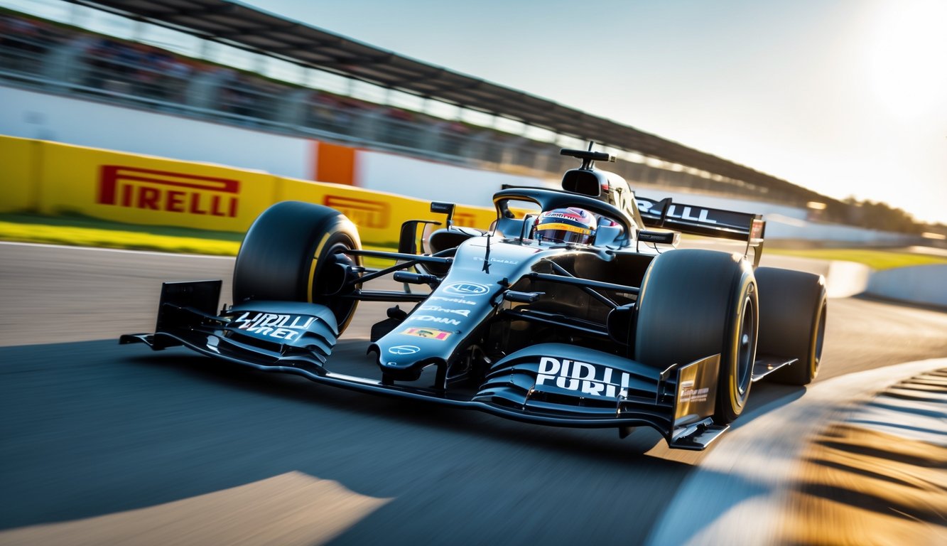 Mobil balap Formula 1 dengan ban Pirelli slick sedang melaju di lintasan balap.