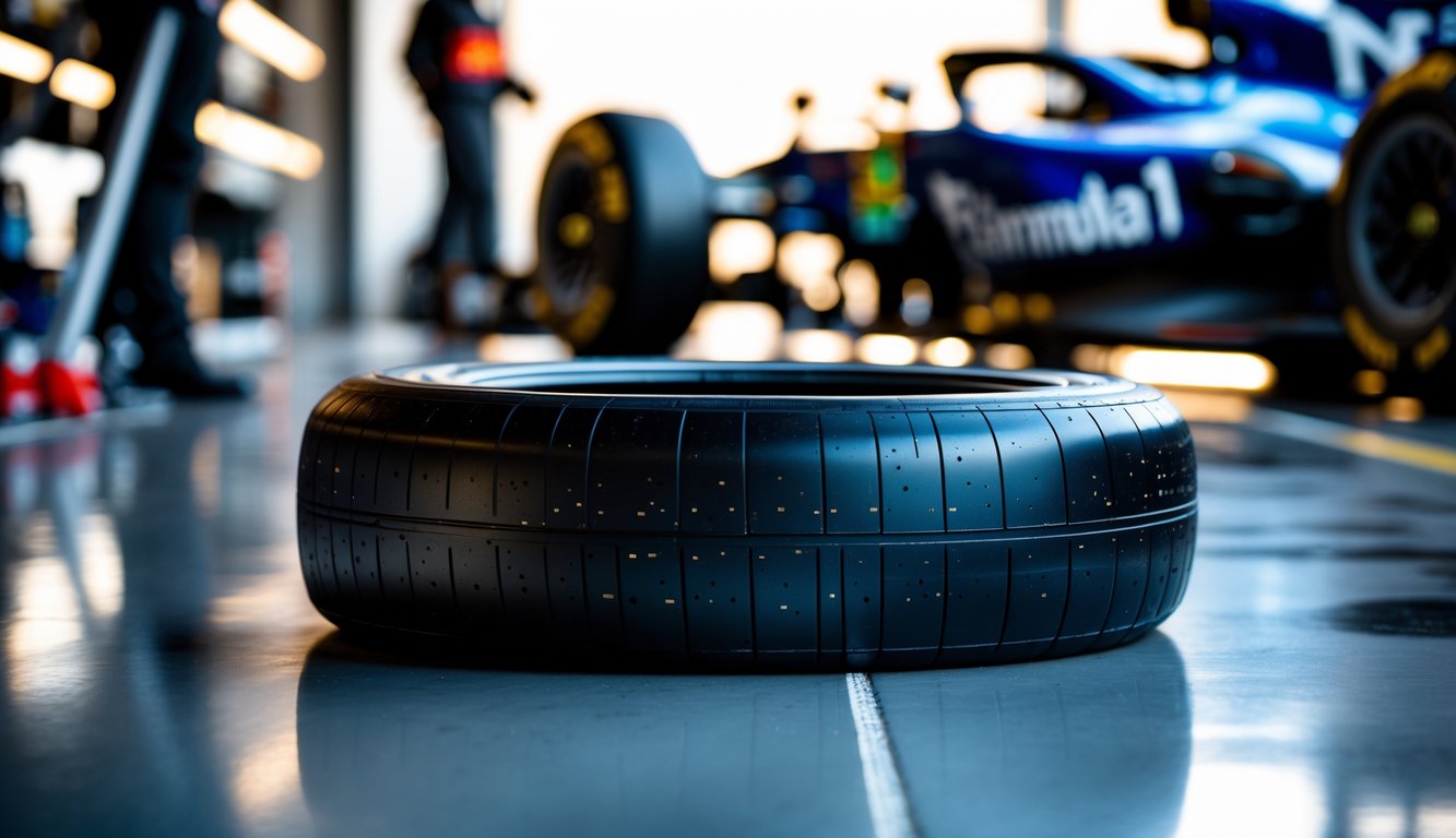 Ban Formula 1 untuk lintasan kering dengan permukaan halus dan sedikit alur, ditempatkan di lantai garasi balap dengan latar belakang mobil balap dan peralatan.