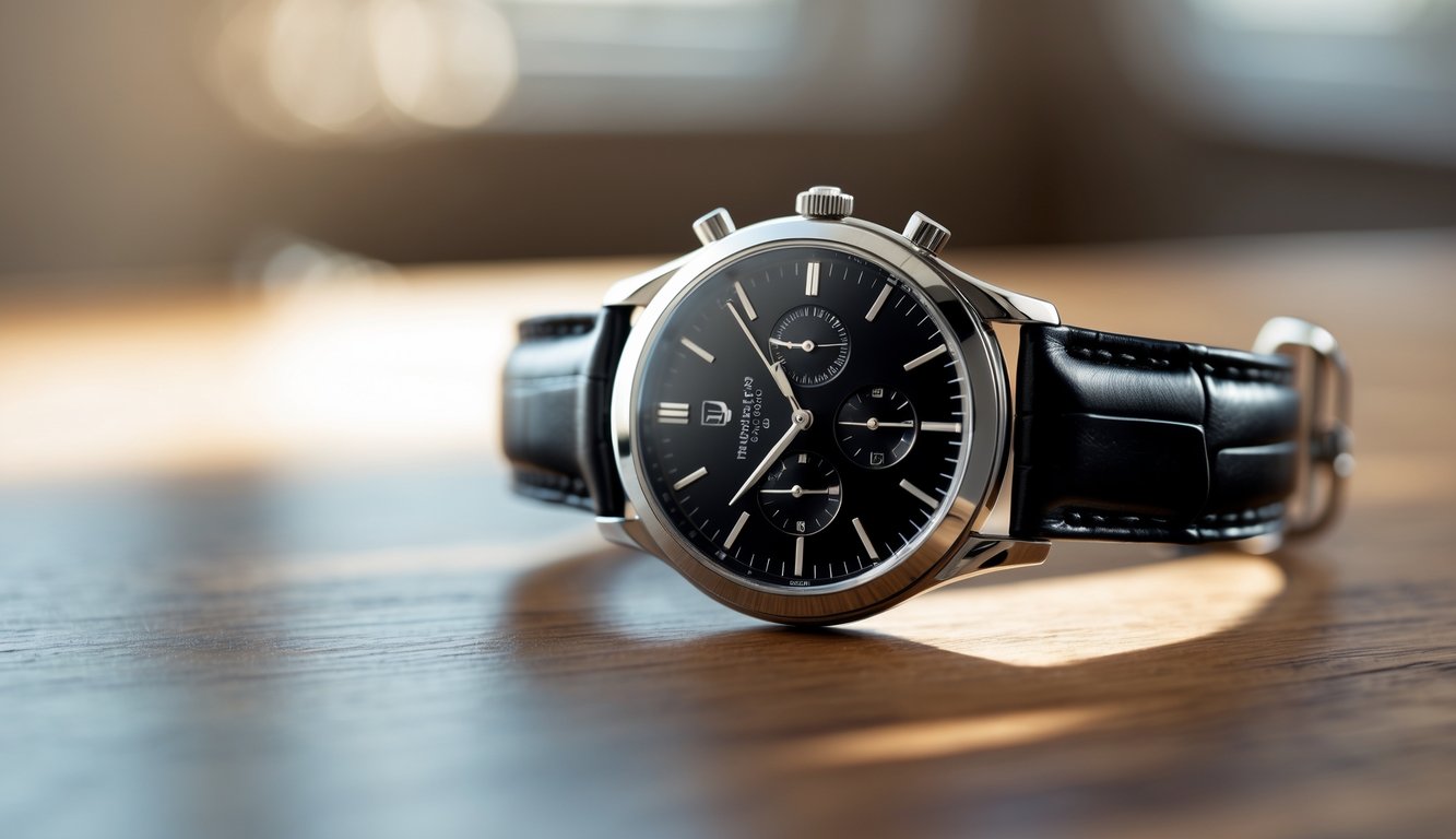 Jam tangan pria dengan tali kulit hitam dan dial hitam diletakkan di atas permukaan kayu.