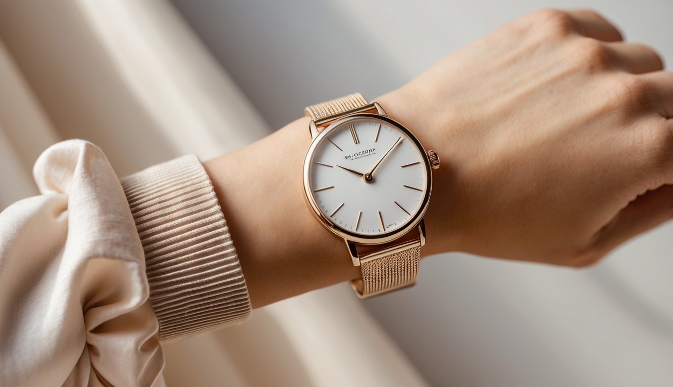 Tangan wanita memakai jam tangan elegan dengan latar belakang netral.