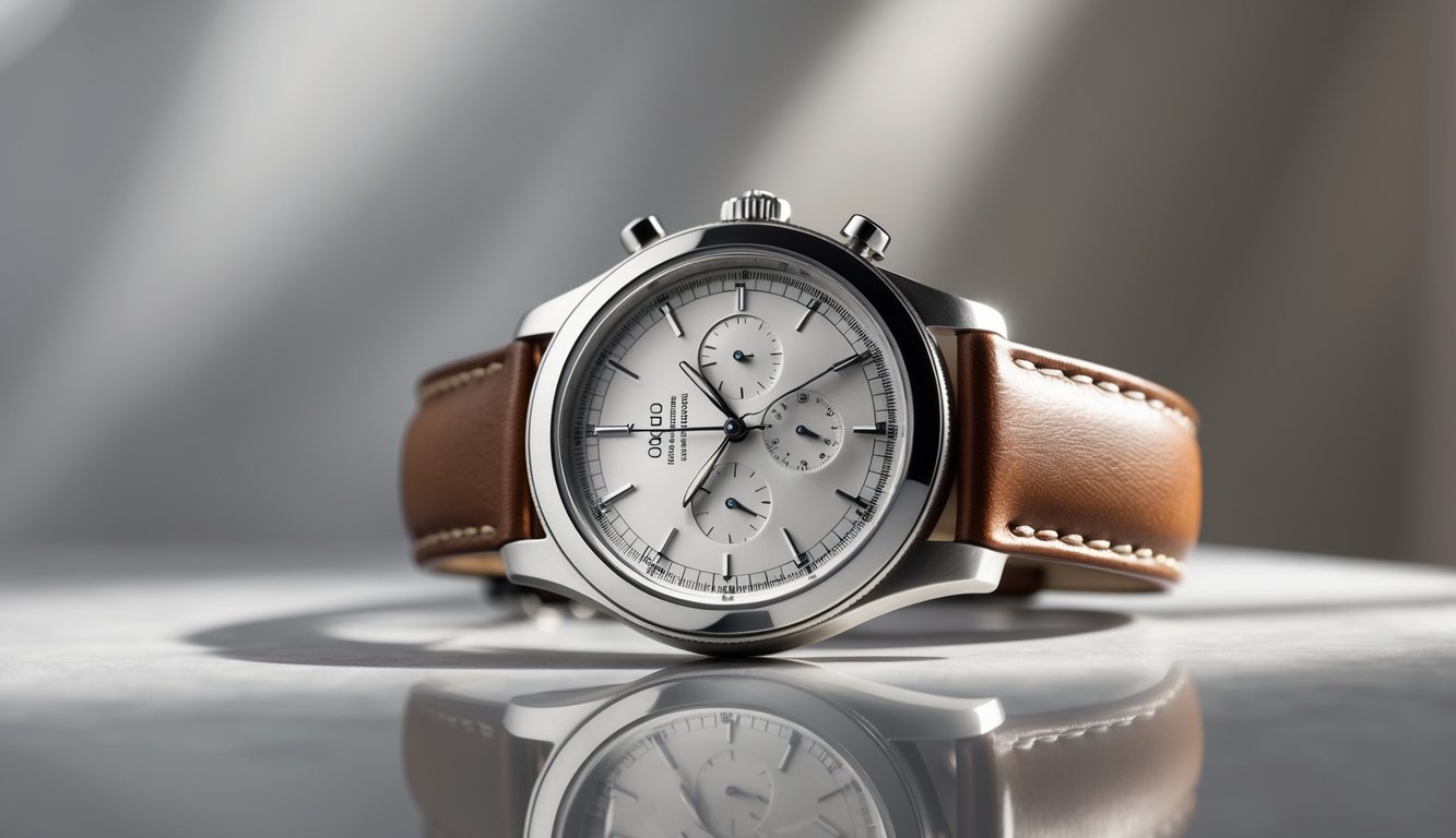 Sebuah jam tangan asli dengan tali kulit dan penunjuk waktu yang jelas, diletakkan di atas permukaan bersih yang memantulkan cahaya.