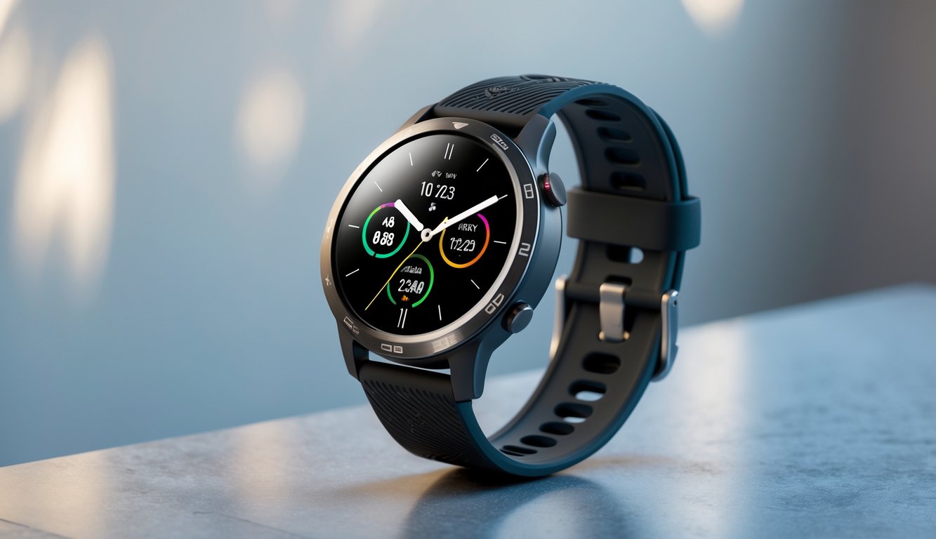 Sebuah jam tangan sport dengan tali karet hitam dan layar digital besar diletakkan di atas permukaan modern yang bersih.