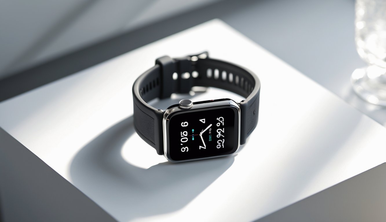 Jam tangan digital dengan layar persegi dan tali hitam diletakkan di atas permukaan putih bersih.