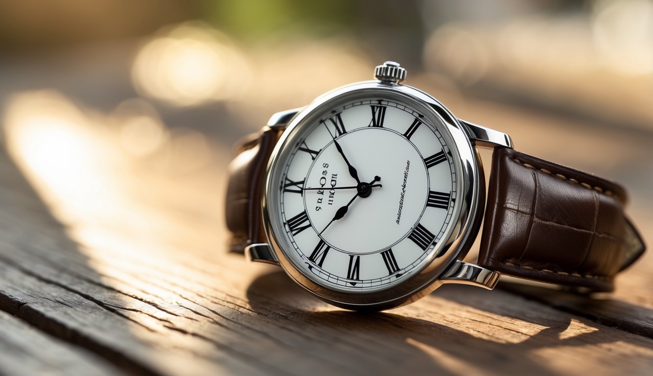 Jam tangan analog dengan tali kulit coklat diletakkan di atas permukaan kayu.