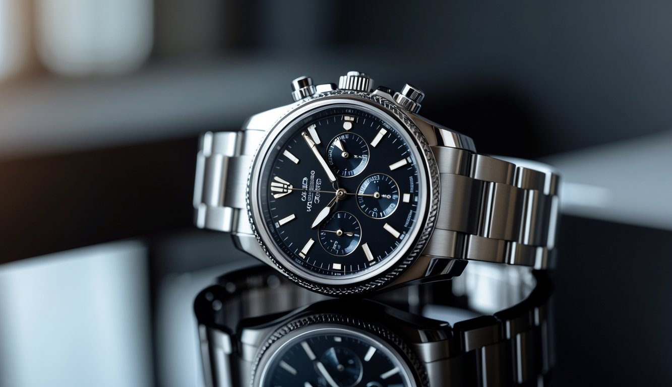 Jam tangan mewah dengan tali stainless steel dan dial gelap diletakkan di permukaan hitam reflektif.
