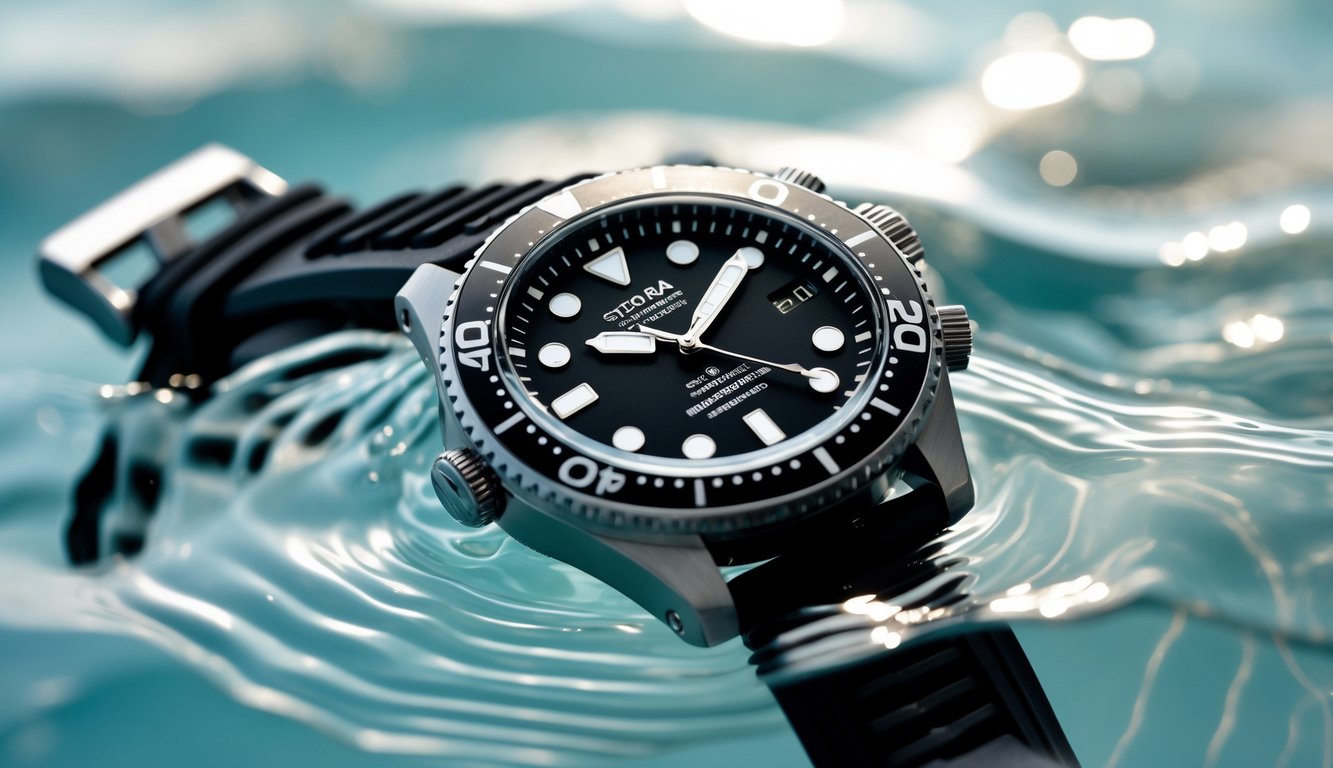 Jam tangan tahan air yang terendam sebagian dalam air jernih dengan latar belakang buram.