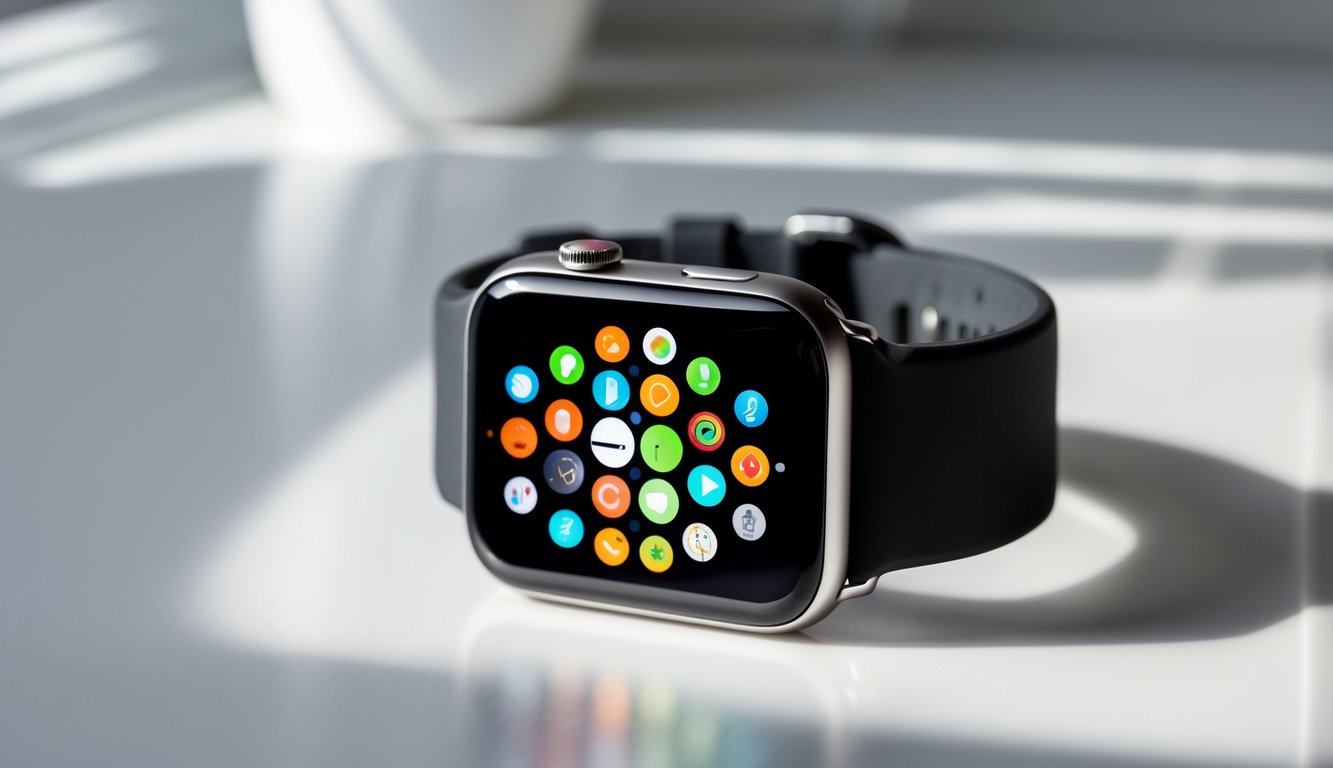 Jam tangan smartwatch hitam dengan layar berwarna cerah diletakkan di atas permukaan putih bersih.