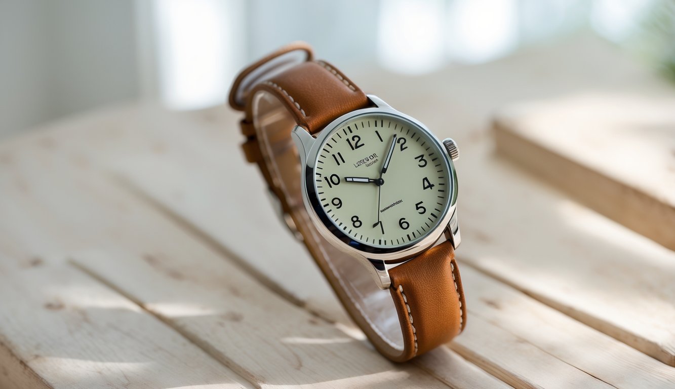 Sebuah jam tangan kasual dengan tali kulit coklat diletakkan di atas permukaan kayu bersih.