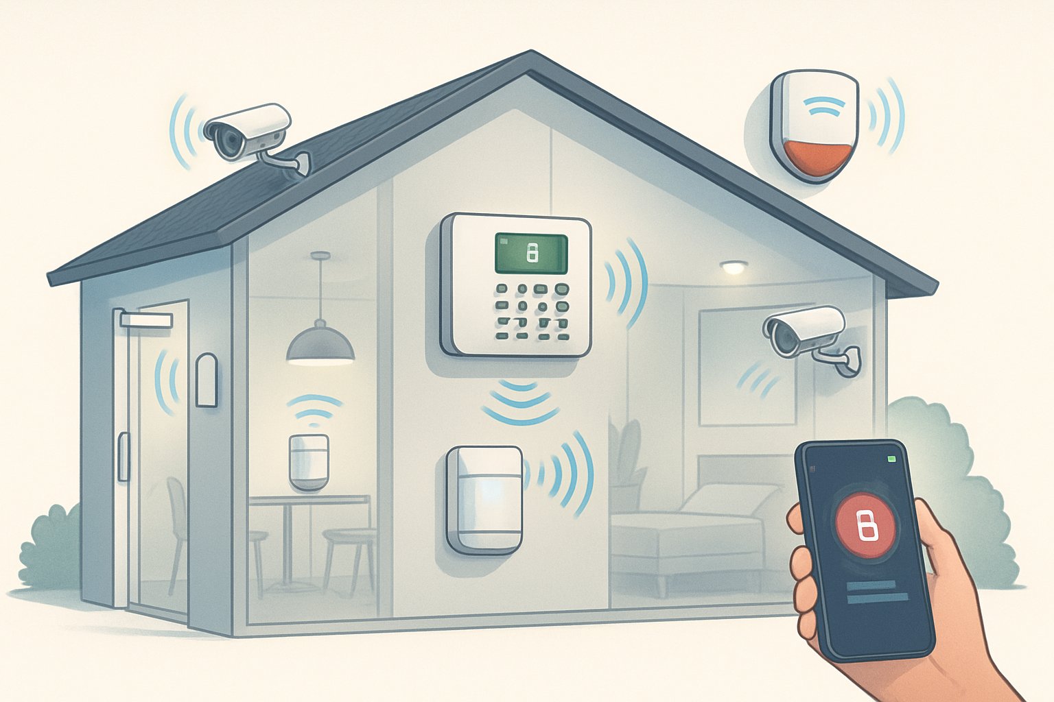 Illustration of a house showing alarm system components including control panel, motion sensors, door and window sensors, security cameras, and an outdoor siren connected wirelessly to a smartphone app.