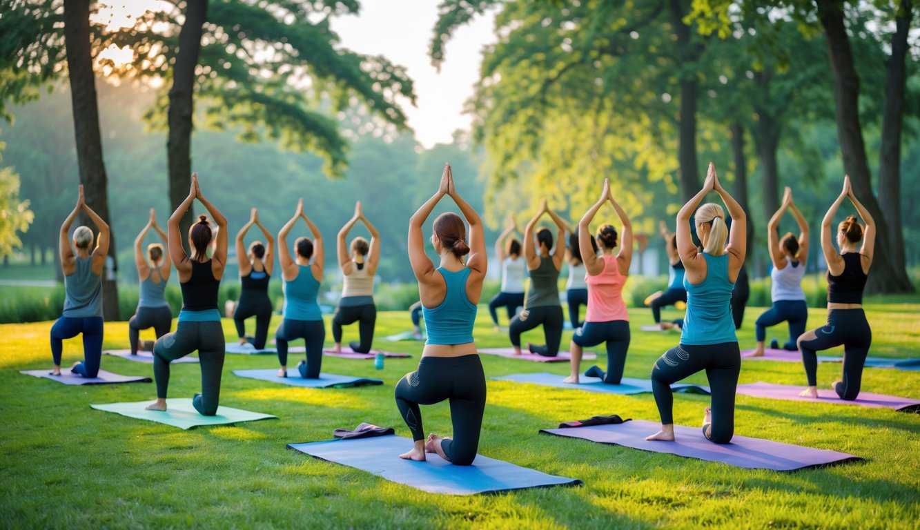 Sekelompok orang berlatih yoga di taman hijau dengan sinar matahari pagi yang lembut.