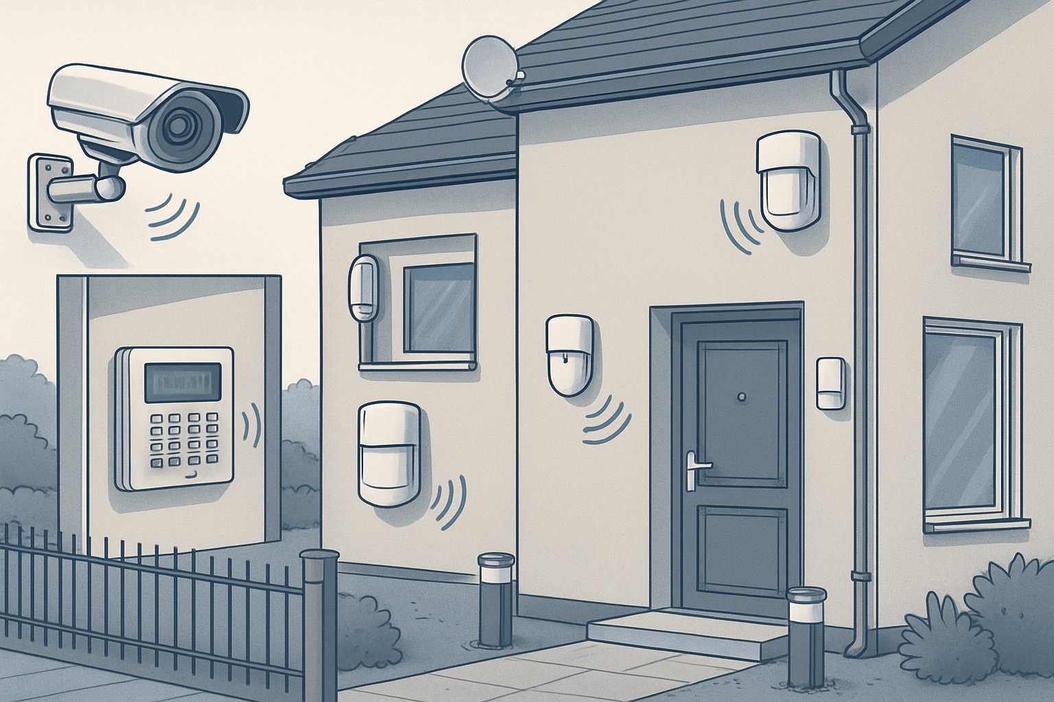 An illustration showing a house equipped with security cameras, motion detectors, door and window sensors, and a central alarm control panel connected wirelessly to protect the property.