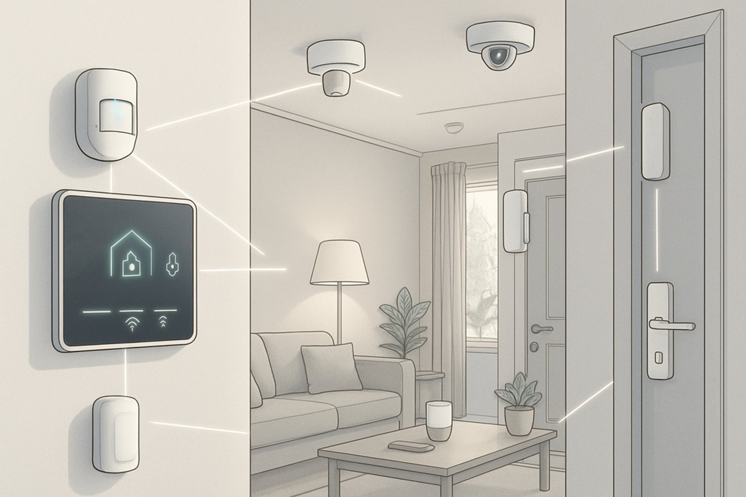 A modern home interior showing various alarm system components like motion sensors, security cameras, door sensors, and a central control panel connected together to protect the property.