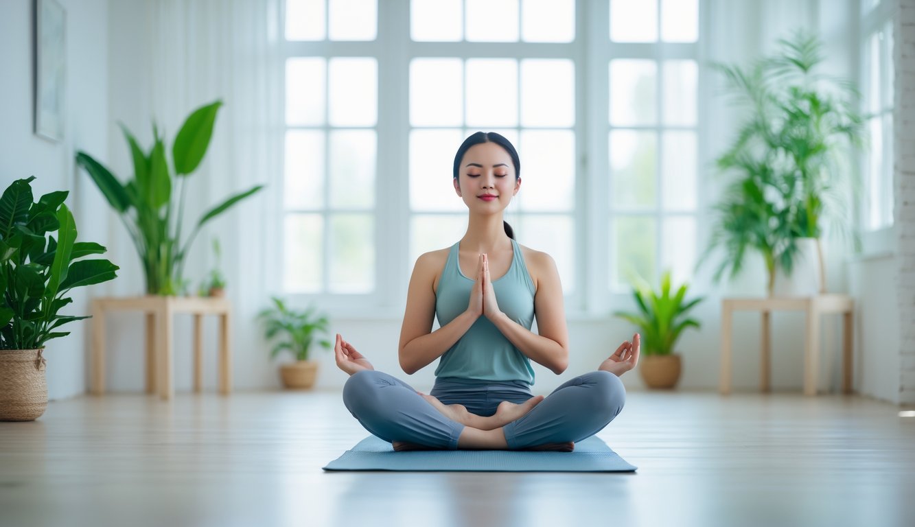 Seseorang duduk bersila di atas matras yoga di ruangan terang dengan tanaman hijau, sedang bermeditasi dengan mata tertutup.