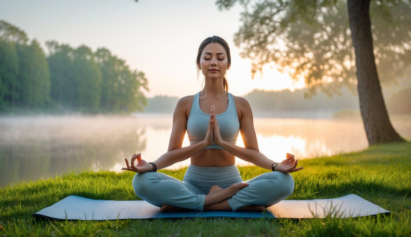 Seorang wanita duduk bersila di luar ruangan dekat danau, melakukan latihan pernapasan yoga dengan mata tertutup dan ekspresi tenang.
