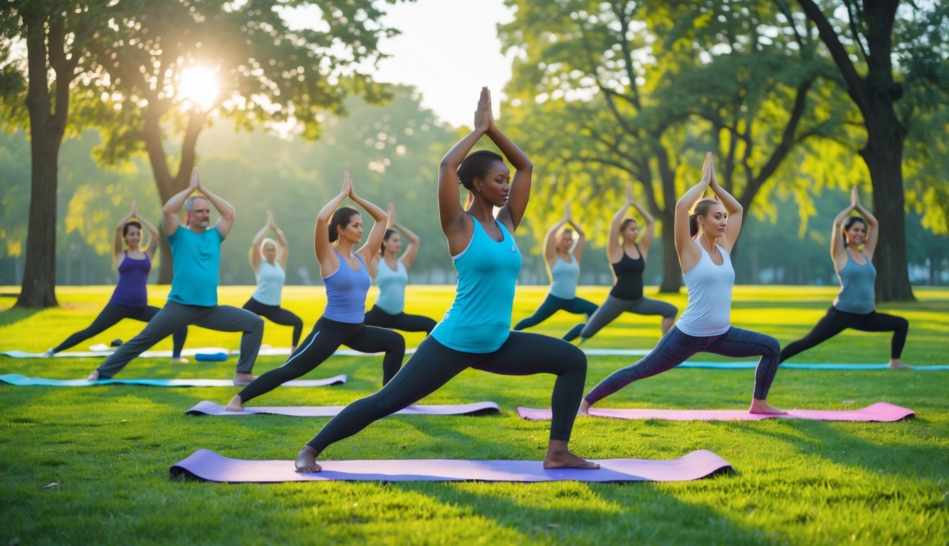 Sekelompok orang melakukan yoga di taman yang hijau pada pagi hari dengan latar belakang pepohonan dan langit biru.