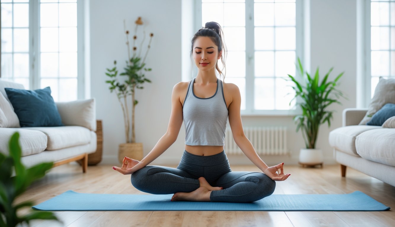 Seorang wanita muda sedang melakukan yoga di ruang tamu rumah tanpa menggunakan peralatan.