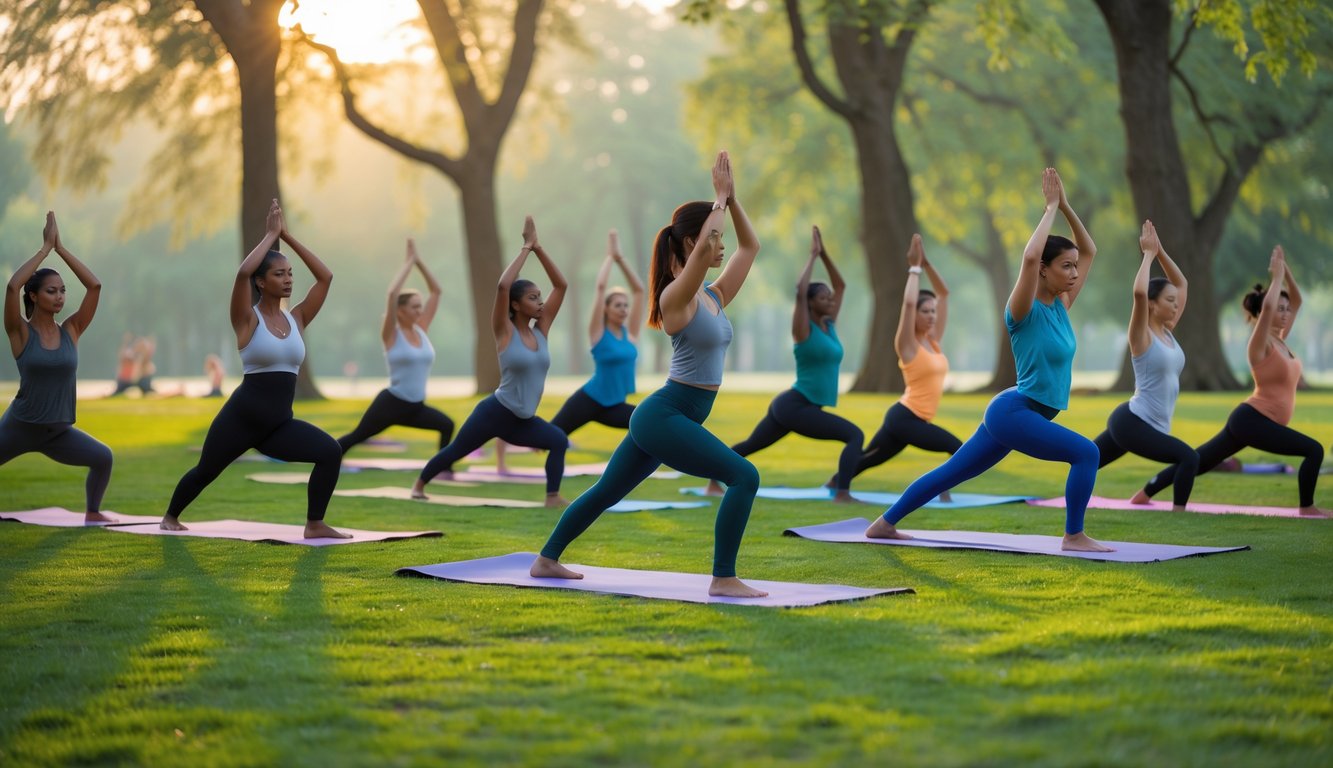 Sekelompok orang melakukan yoga di taman yang tenang pada pagi hari dengan cahaya matahari lembut dan pepohonan hijau di sekitar.
