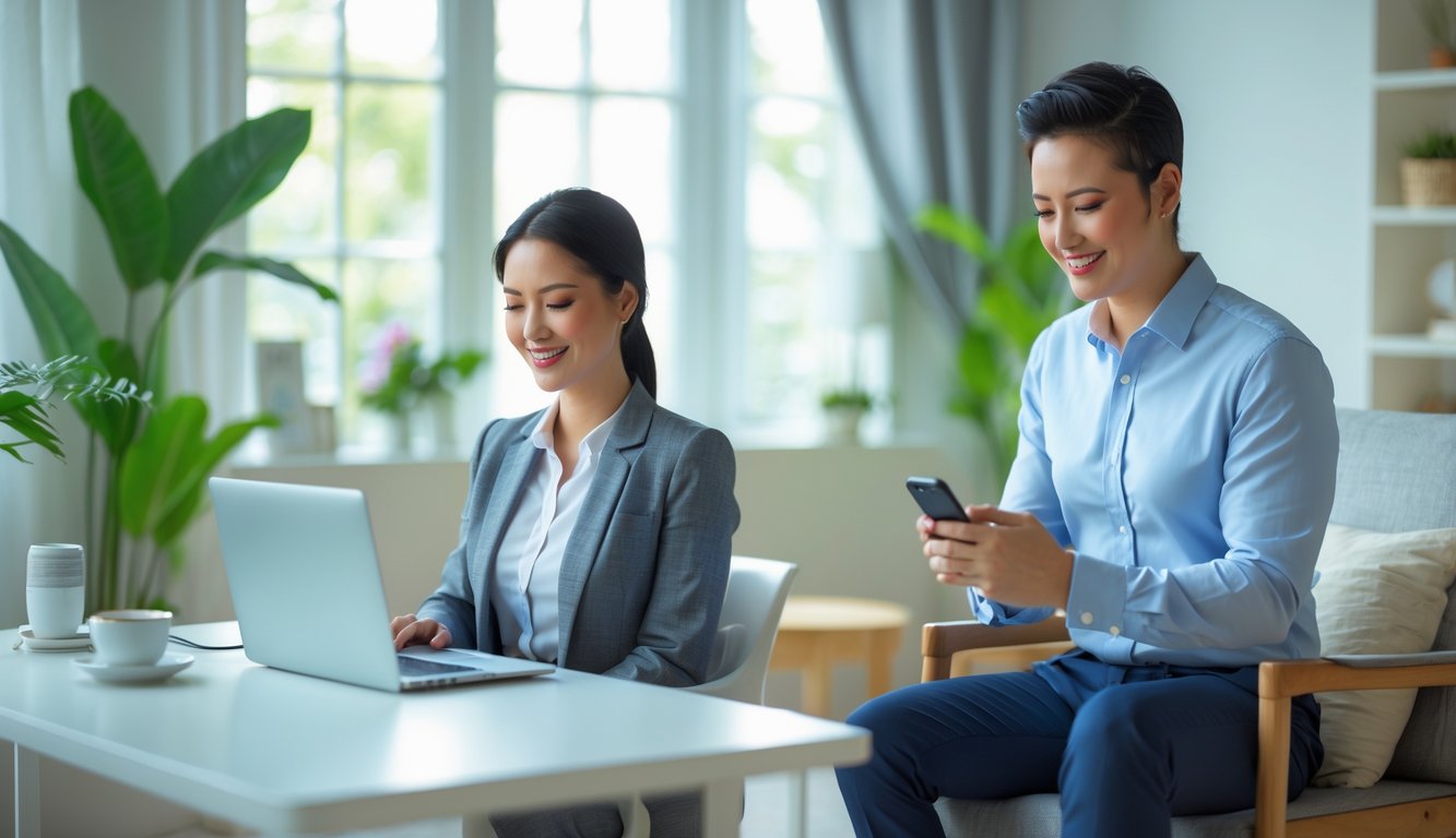 Seseorang tersenyum di ruang kerja yang rapi dengan laptop dan area ruang tamu yang nyaman di latar belakang.