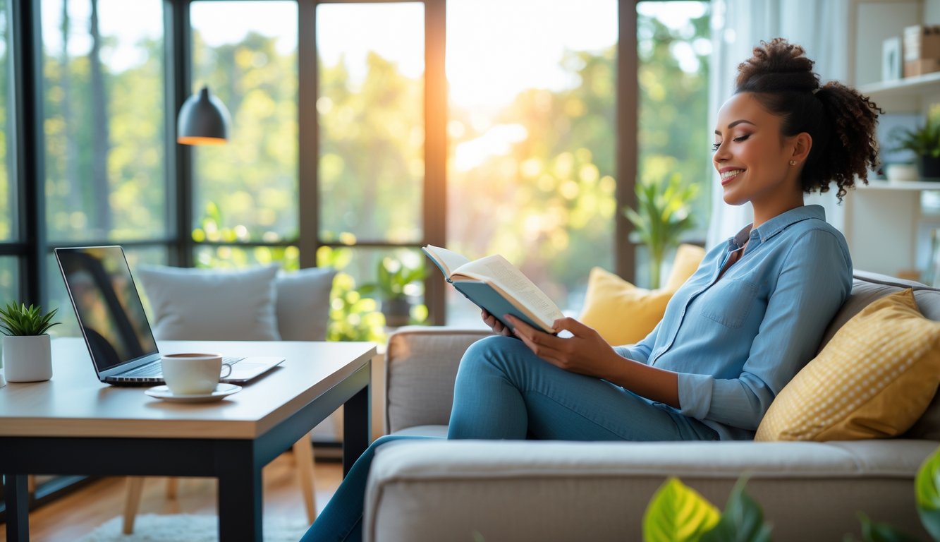 Seseorang duduk santai di sofa sambil membaca buku di ruang tamu dengan meja kerja dan laptop di dekatnya, di depan jendela besar yang memperlihatkan pemandangan pohon hijau dan sinar matahari.