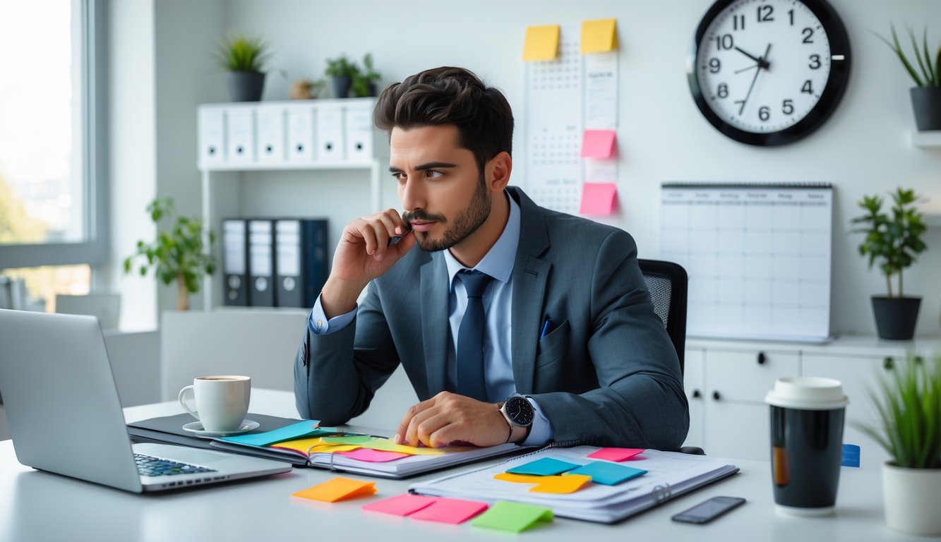 Seorang pria profesional duduk di meja kantor yang rapi dengan laptop, kalender, dan jam dinding, menunjukkan manajemen waktu yang efektif.