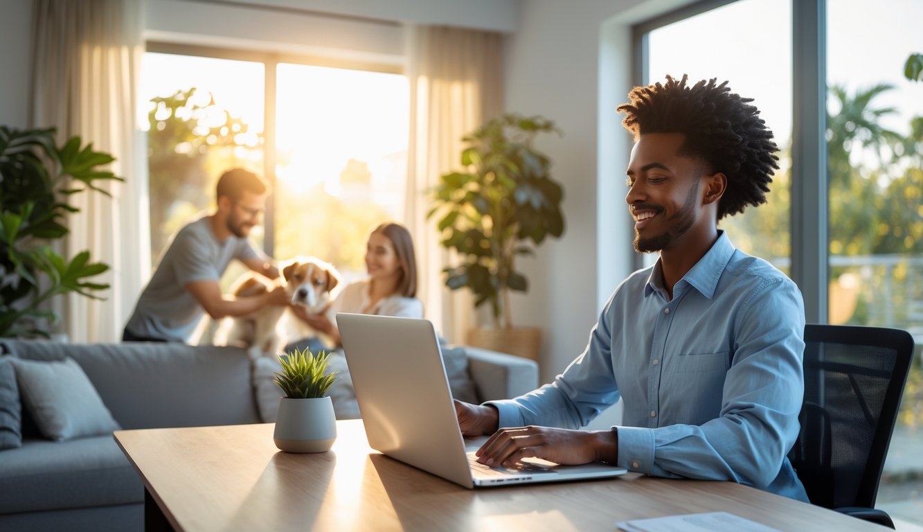 Seseorang duduk di meja kerja di rumah sambil tersenyum, dengan anggota keluarga bermain dengan anjing di ruang tamu di belakangnya.