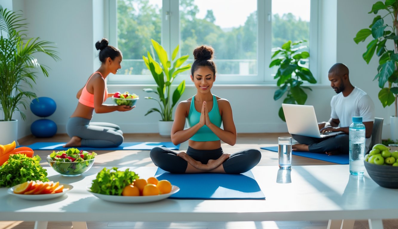 Beberapa orang melakukan aktivitas sehat dan produktif di dalam ruangan dengan cahaya alami, termasuk menyiapkan makanan sehat, berolahraga, dan bekerja di komputer.