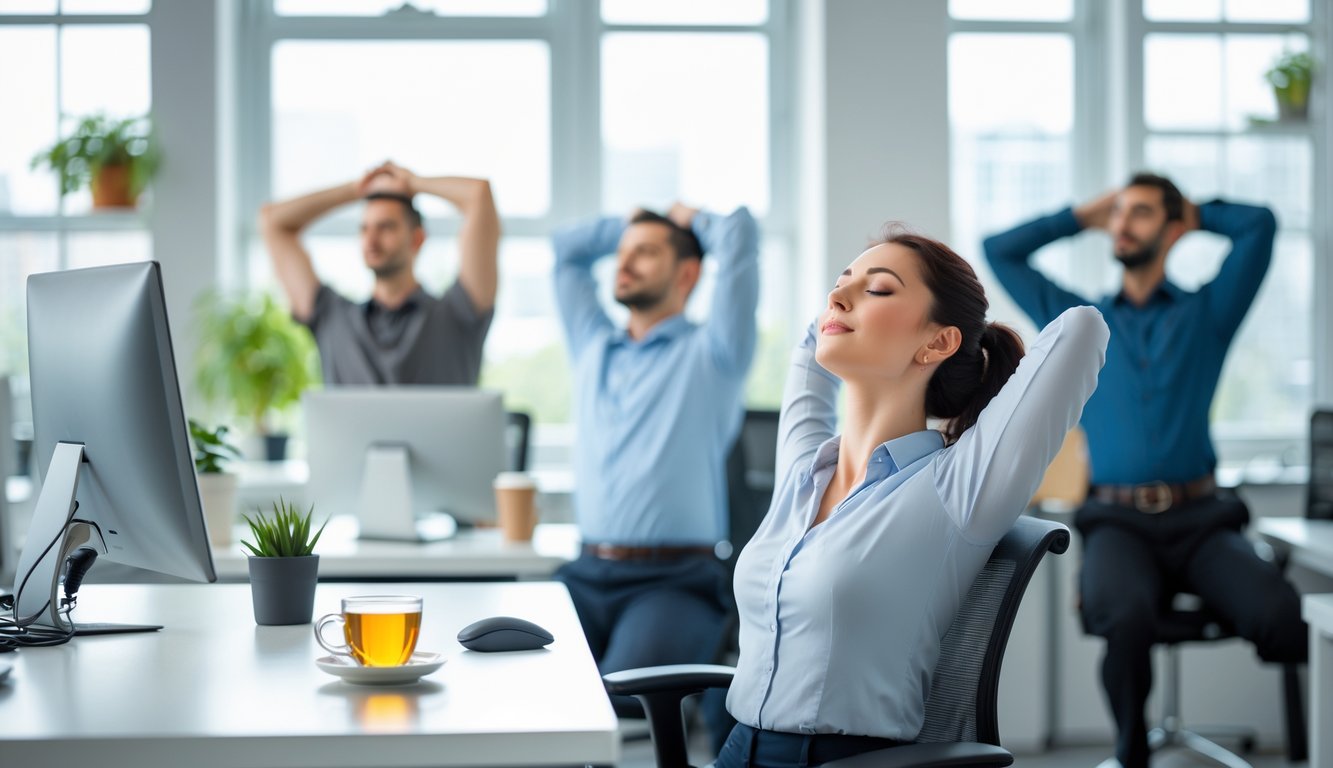 Orang-orang di kantor yang sedang melakukan aktivitas untuk mengurangi stres kerja seperti bernapas dalam dan peregangan.