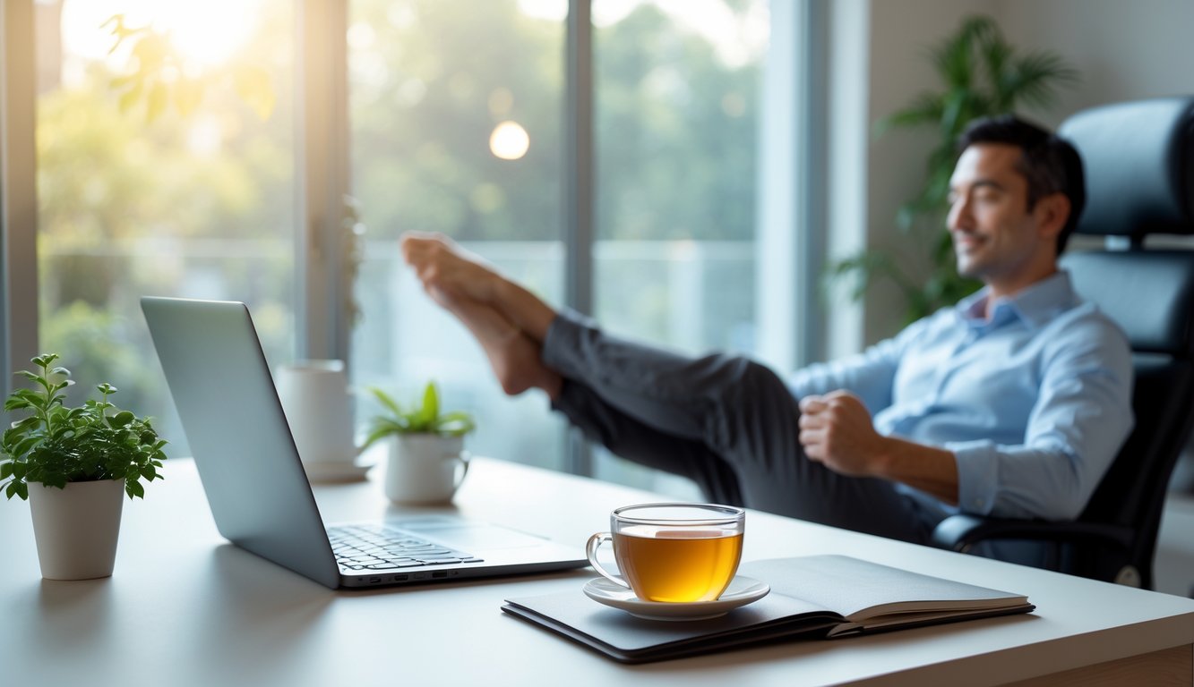 Seorang pria santai duduk di kursi ergonomis di depan meja kerja yang rapi dengan laptop, buku catatan, tanaman hijau, dan secangkir teh, di ruang kantor yang terang dan tenang.
