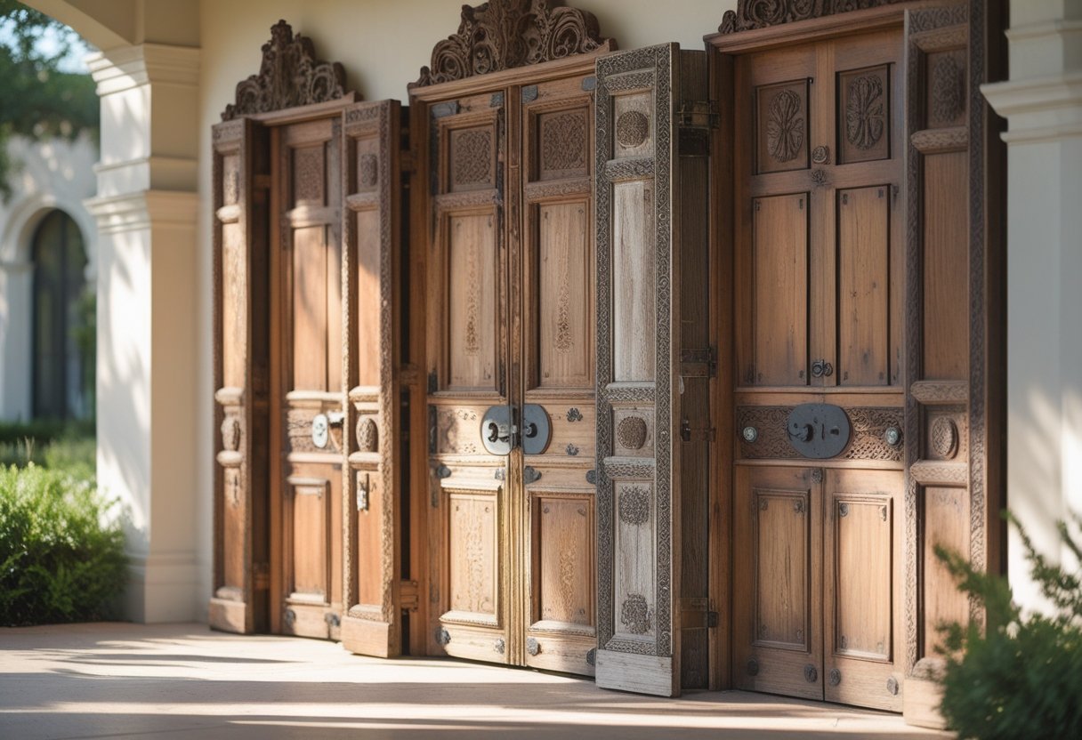 A set of detailed antique wooden doors with carvings and metal hardware displayed outdoors with greenery in the background.
