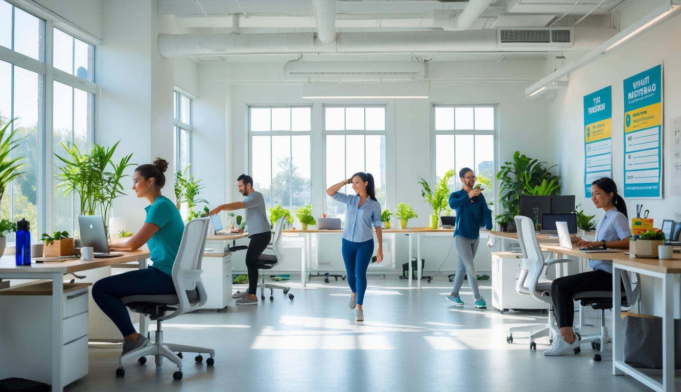 Beberapa orang di kantor melakukan aktivitas sehat seperti peregangan, minum air, dan berjalan singkat di ruang kerja yang terang dan rapi.