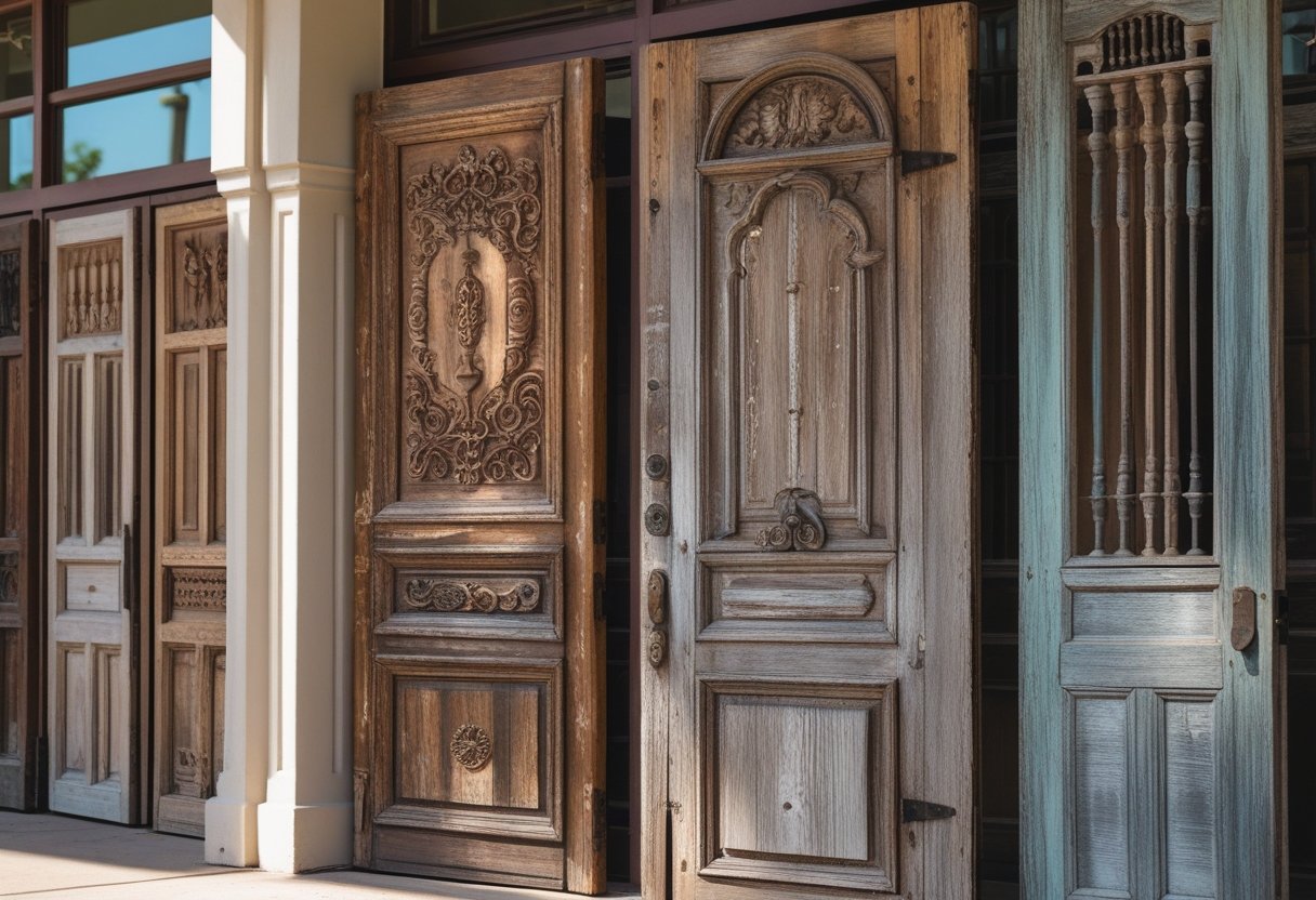 A variety of antique wooden doors with detailed carvings and weathered textures displayed outdoors in an urban setting.