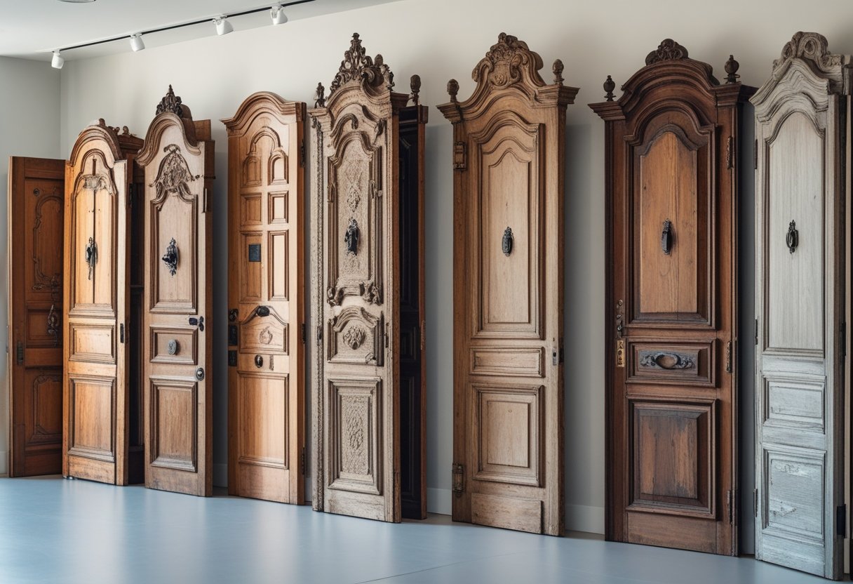 A display of various antique wooden doors with detailed carvings and metal handles arranged in a showroom.