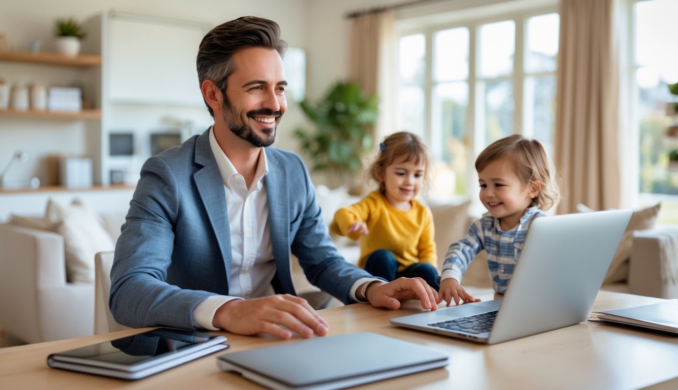 Seorang orang tua bermain dengan dua anak kecil di ruang tamu yang cerah dengan meja kerja berisi laptop dan alat tulis di latar depan.