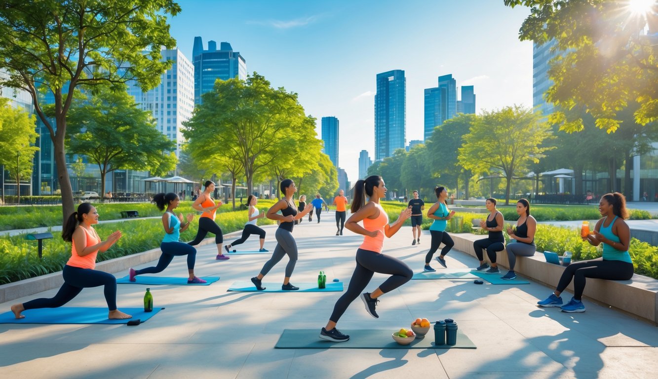 Orang-orang beraktivitas sehat di taman kota dengan latar gedung modern dan pepohonan hijau.