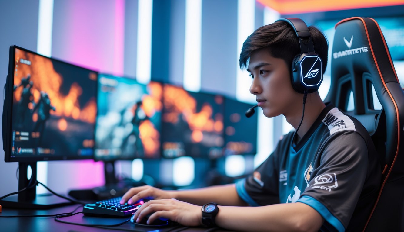 Seorang pemain esports muda yang percaya diri duduk di depan komputer dengan headset dan mouse gaming di tangan, dikelilingi oleh lampu LED dan beberapa monitor yang menampilkan permainan tembak-menembak taktis.