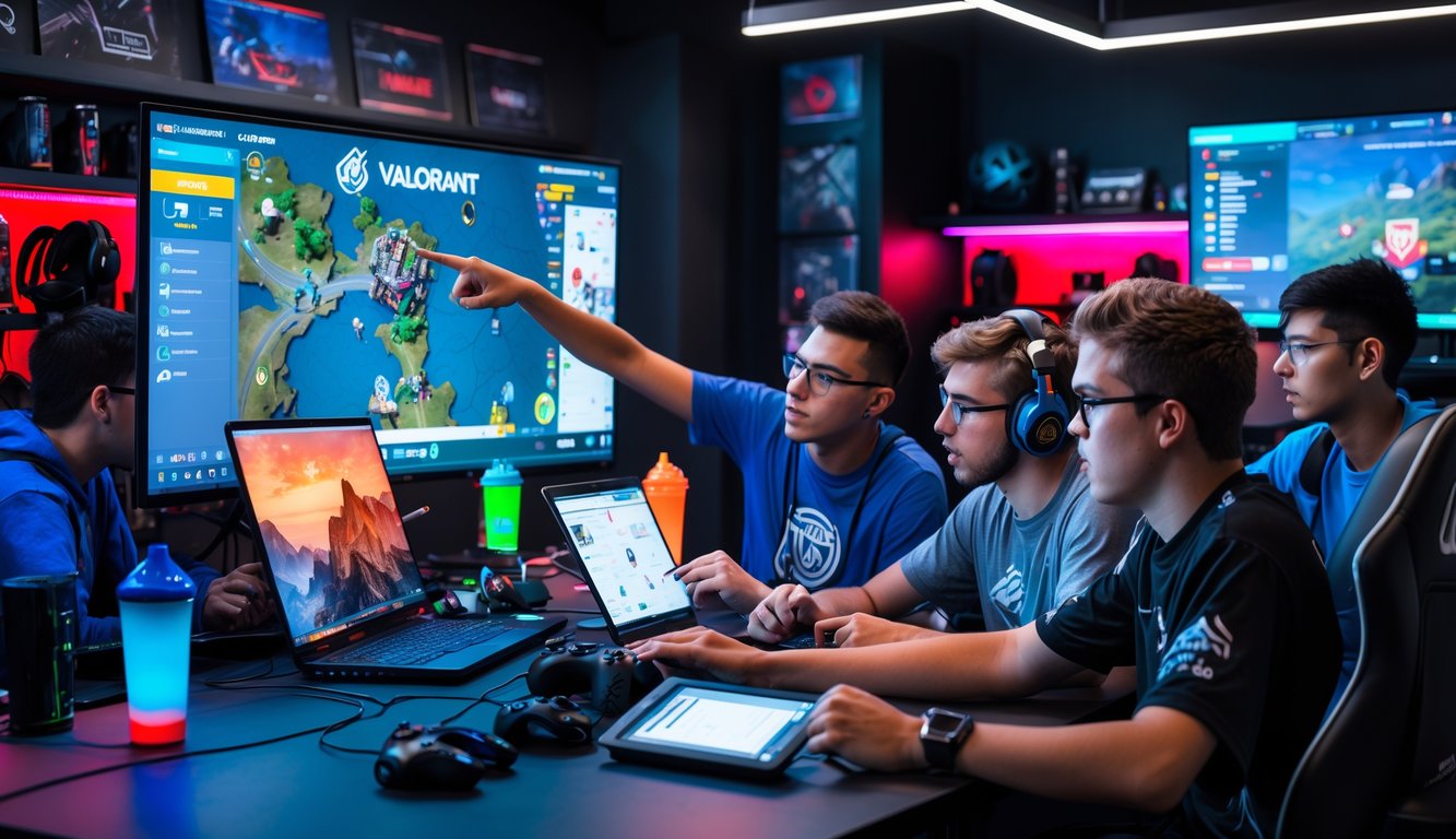 Sekelompok orang muda sedang berdiskusi strategi bermain Valorant di ruang gaming dengan peralatan komputer dan layar besar.